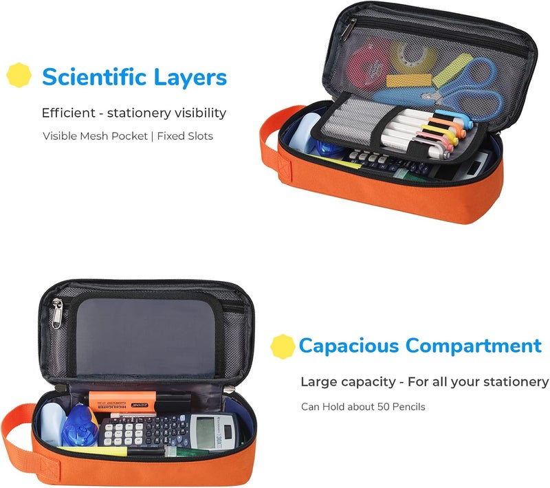 ECHSRT Pencil Case for Men Women, Large Pen Bag for Adults, Portable Pencil Pouch Aesthetic with Handle, Zipper Cases for Office Organizer Orange - Image 2